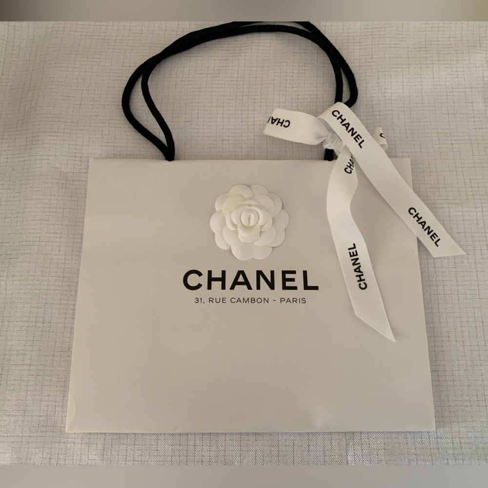 White Chanel Shopping Bag Rue Cambon Paris with Ribbon, Tissue Paper & Camellia